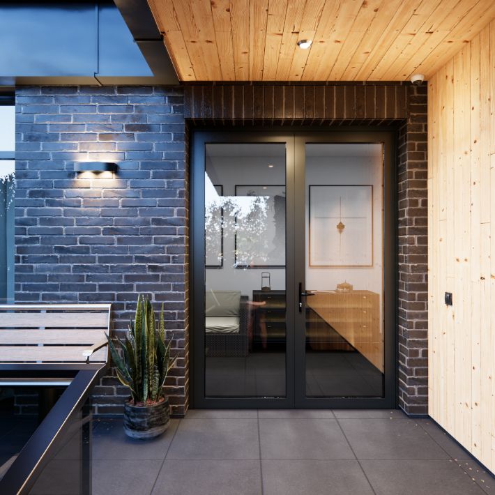 Входная стеклянная дверь со скрытыми петлями из алюминиевого профиля в Московской области | Шувое-24